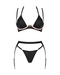 Комплект білизни Obsessive Selinne 3-pcs set M/L Black, бюстгальтер, стрінги пояс для панчіх - мініатюра 3