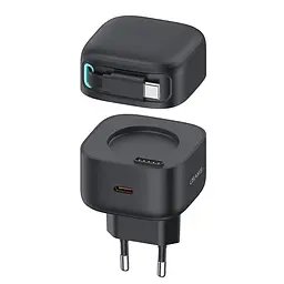 Мережевий зарядний пристрій Usams US-CC202 PD35W Dual 2C Output GaN Fast Charger With Type-C Magnetic Retractable Cable Module (EU) Чорний