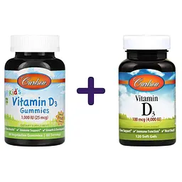 Набір: вітамін D3 дитячий  Carlson Kid's Vitamin D3 Gummies 1000 МО смак фруктів 60 вегетаріанських жувальних цукерок + вітамін D3 Carlson Vitamin D3 4000 МО 120 желатинових капсул