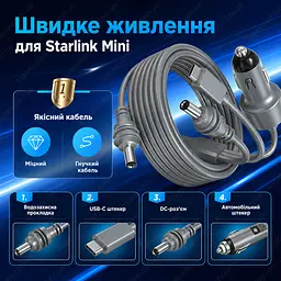 Кабель живлення Starlink Mini 3 м 3-в-1 USB-C / DC / прикурювач до 100W - мініатюра 10