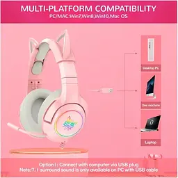 Навушники Onikuma Gaming Cat Ear K9 7.1 з вушками рожевого кота з підсвічуванням - мініатюра 4