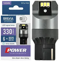 LED автолампа Brevia Power 12/24V T20 W21W 6x3020SMD 330Lm 6000K CANbus W3x16d 2 шт (10110X2)