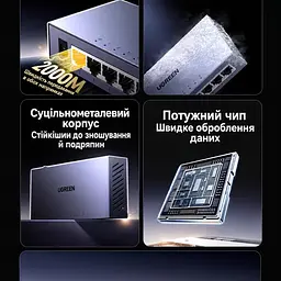 Некерований гігабітний Ethernet-комутатор UGREEN CM934 світч 8 портів RJ45 10/100/1000 Мбіт/с на порт комутаційна здатність 16 Гбіт/с блок живлення 5 В / 1 А у комплекті захист від імпульсних перенапруг 4 кВ Auto MDI/MDIX для прямих і перехресних патч-кордів автоматичне узгодження швидкості й дуплексу для настінного монтажу індикатори живлення та активності портів пасивне охолодження без вентилятора сталевий корпус сірий (55467) - мініатюра 9