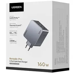 Зарядний пристрій 4xUSB 160W (3xUSB-C + USB-A) GaN + Type-C cable 100W сірий X763 Nexode Pro Ugreen - мініатюра 3