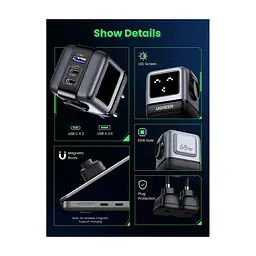 Зарядний пристрій Ugreen 1xUSB + 2xUSB-C 65W GaN CD361 gray (25685B) - мініатюра 6