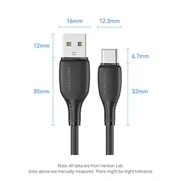 Кабель Vention USB 2.0 A Male to C Male 3A Cable 1M Black Flexible PVC Type (CWABF) - мініатюра 3