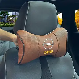 Подушка на підголівник з логотипом Opel Екошкіра 3D Кольоровий лого Коричневий-Коричневий кант 1 шт