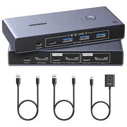 KVM-перемикач UGREEN CM695 DisplayPort 1.4 2 ПК і 1 монітор до 8K 60 Гц або 4K 240 Гц 3 USB-A та 1 USB-C USB 3.0 до 5 Гбіт/с для 8K 60 Гц (25962A)