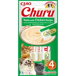 Ласощі для котів INABA Churu, вершковий мус у стіках з тунцем та куркою, 4×14 г