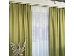 Льняні блекаут штори оливкового кольору 2шт. 150х270 з білим шифоновим тюлем 400х270, на тасьмі ALBO pbe0052634 - мініатюра 4