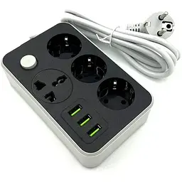 Подовжувач з USB 4 розетки + 3 USB порти 2 м кабель із заземленням і захистом від перенапруги
