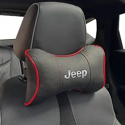 Подушка на підголівник з логотипом Jeep Екошкіра 3D Кольоровий лого Чорні-Червоний кант 1 шт