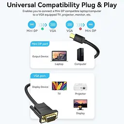 Кабель Vention Mini DP Male to VGA Male HD Cable 1M Black (HFDBF) - мініатюра 6