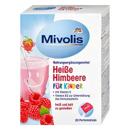 Вітамінний гарячий напій Mivolis Hot Drinks For Kids для дітей проти застуди зі смаком малини, порційні палочки, 20 шт, 100 г