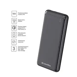 Універсальна мобільна батарея ColorWay Slim PD 10000mAh Чорний (CW-PB100LPG3BK-PD) - мініатюра 10