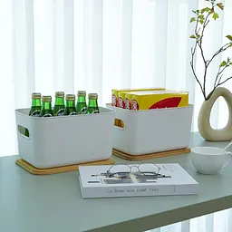 Коробка для зберігання Bienvoun 2 упаковки з дерев'яною кришкою пластикові ящики для зберігання штабеловані кошики для зберігання - мініатюра 4