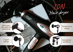 Фен Adler AD 2248 black 2200Вт/ 2 швидкості/ хол.обдув/ темп.режимів-3/ іонізація/ насадки - 2 шт. - мініатюра 8