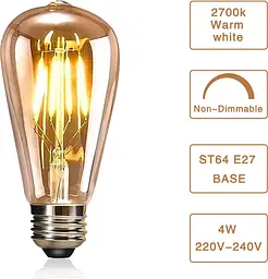 Світлодіодна лампа YOUDIAN Edison, вінтажна лампочка, світлодіодні лампи 4W E27 2700K ST64, світлодіодні лампи з ниток - мініатюра 3