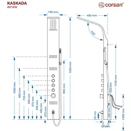 Душова панель Corsan Kaskada silver з виливом та термостатом A014TSLW, Сірий - мініатюра 3