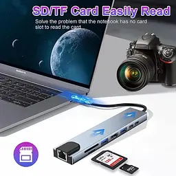 Хаб USB type C HUB 8 in 1 PD100W 4K 30 Гц RJ45 USB 3.0 10 Гб/с - мініатюра 9