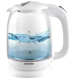 Скляний електрочайник Mesko MS 1302 White, 1,7 л, 2200 Вт, з LED-підсвіткою, прихований нагрівальний елемент, білий