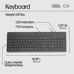 Клавіатура мембранна 150, 104key, USB-A, EN/RU, чорний HP teh0013844 - мініатюра 8