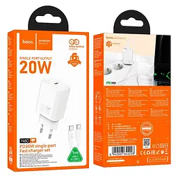 Адаптер мережевий HOCO gentle single port charger N60 (Type-C to Type-C Set) |1Type-C, 20W/3A, PD/QC| - мініатюра 2