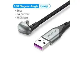 Кабель USB Type-C Vention TPE Nylon U-Shaped 180° PD 66W 5A 480Mbps nickel-plated 1.5 m Grey (COHHG) - мініатюра 9