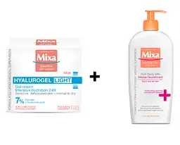 krem-hel-dlia-oblychchia-mixa-hydrating-hyalurogel-dlia-normalnoi-znevodnenoi-chutlyvoi-shkiry-50-ml-molochko-mixa-bodyhands-dlia-duzhe-sukhoi-i-chutlyvoi-shkiry-tila-400-ml