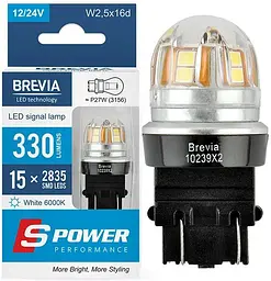LED автолампа Brevia Spower 12/24V P27/7W 6x2835SMD 330Lm 6000K CANbus W2,5x16d 2 шт (10239X2)