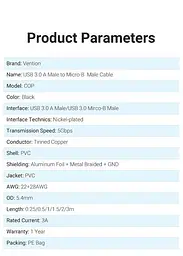 Кабель Vention 0.25м USB 3.0 - Micro USB Type-B 5 Гбіт/с 5V/3A USB 3.0 A на Micro-B для Жорских Дисків Чорний (COPBC) - мініатюра 8