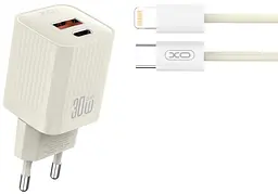 Сітчастий зарядний пристрій XO L149 double USB-A/USB-C 30W 3A with Lightning-Type-C cable Beige