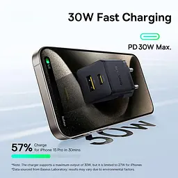 Зарядний пристрій Baseus Palm Fast Charger C+U 30W EU Cluster Black (with Mini White Cable USB-C to USB-C 60W (20V/3A) 1m) (P1011160A113-01) - мініатюра 7
