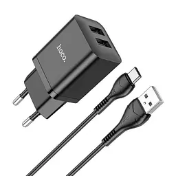 Адаптер мережевий HOCO Type-C Cable Maker dual port charger set N25 набір чорний 2USB - мініатюра 2