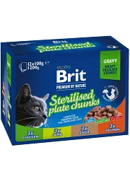 Упаковка вологого корму для котів Brit Premium сімейна тарілка для стерилізованих котів асорті 4 смаки 100 г х 12 шт