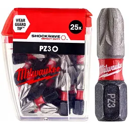 Біта SHOCKWAVE MILWAUKEE, PZ3, 25мм, (25 шт), пластикова коробка