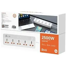 Мережевий фільтр Biva PS-05 4 sockets + 2USB 15W + 2TypeC 20w 2m Power Strip White - мініатюра 2