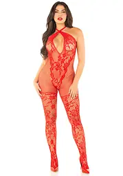 Бодістокінг з глибоким декольте Leg Avenue Seamless Net and Lace Lingerie Jumpsuit One Size, Red
