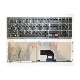 Клавіатура ноутбука Sony SVE15 (E15 Series) чорна з сірою рамкою, підсвіткою UA (A43548)
