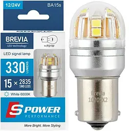 LED автолампа Brevia Spower 12/24V T25 P21W 15x2835SMD 330Lm 6000K CANbus BA15s 2 шт (10201X2)