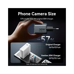 Зарядний пристрій Vention 1xUSB-C PD 30 Вт + 1xUSB QC 3.0 18 Вт GaN сірий (FEWH0-EU) - мініатюра 6
