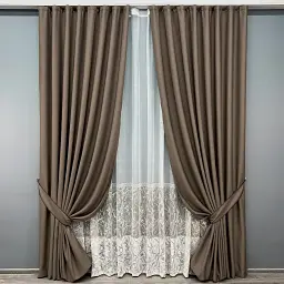 Комплект штор з тюлем VR-Textil Рогожка преміум TERRA LUXE, какао з білим, 2 штори 150×270 см + тюль 400×270 см, арт. 71-115/3