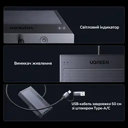Адаптер HDD/SSD UGREEN D320 USB-C SATA 7+15 pin та M.2 M-Key одночасна робота M.2 NVMe і SATA до 10 Гбіт/с SATA HDD/SSD 2,5″/3,5″ M.2 NVMe M-Key/B+M-Key 2230/2240/2260/2280 для 3,5″ HDD потрібен комплектний блок 12 В/2 А Windows macOS Linux ChromeOS Plug-and-Play вимикач індикатор UASP S.M.A.R.T. TRIM перенесення SATA → M.2 за допомогою ПЗ магнітна кришка монтаж без інструментів вбудований кабель USB-C з перехідником USB-A 0,5 м сірий (75621EU) - мініатюра 6