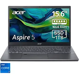 Ноутбук Acer Aspire 5 A515-57 з процесором Intel Core i7-12650H pana la 4.70 GHz, 15.6", Full HD, IPS, 16GB DDR4 RAM, 1TB SSD, Intel UHD графікою, No OS, Iron