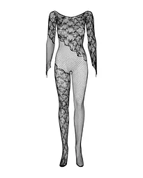 Бодістокінг Obsessive Bodystocking F210 S/M/L black, рукава-мітенки, сітка, кольорове мереживо - мініатюра 6