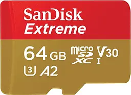 Карта пам'яті microSD 64GB C10 UHS-I U3 R170/W80MB/s Extreme V30 + SD SanDisk teh0013739