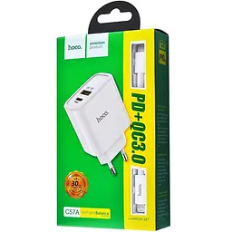 Мережевий зарядний пристрій Hoco C57A 1USB QC 3.0+ (Type-C to Lightning) 3A White - мініатюра 2