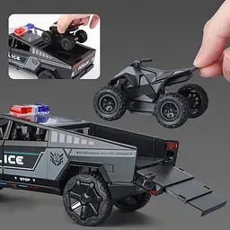 Колекційна металева модель поліцейського автомобіля Tesla Cybertruck Police з квадроциклом, інерцією, світлом та звуком 1:24 - мініатюра 3