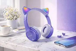 Бездротові навушники з котячими вушками та LED-підсвічуванням Cat Ear Y47 LED, Bluetooth навушники з мікрофоном Бузковий