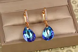 Сережки підвіски Xuping Jewelry Велика крапля із синім каменем Сваровські 3,4 см золотисті - мініатюра 2